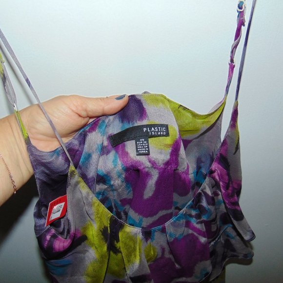 Plastic Island Women's Purple Yellow Blue Sleeveless Abstract Ruffled Blouse XS - Picture 2 of 6